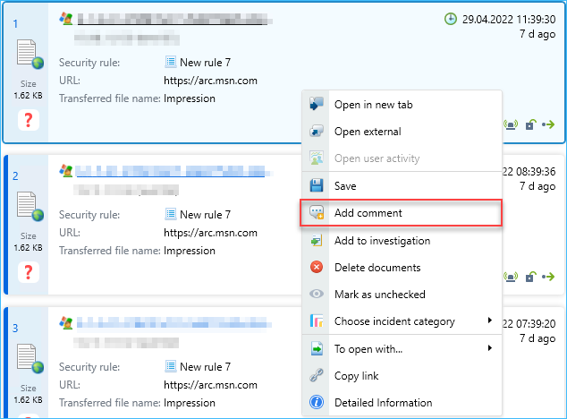 Option to comment security incidents added